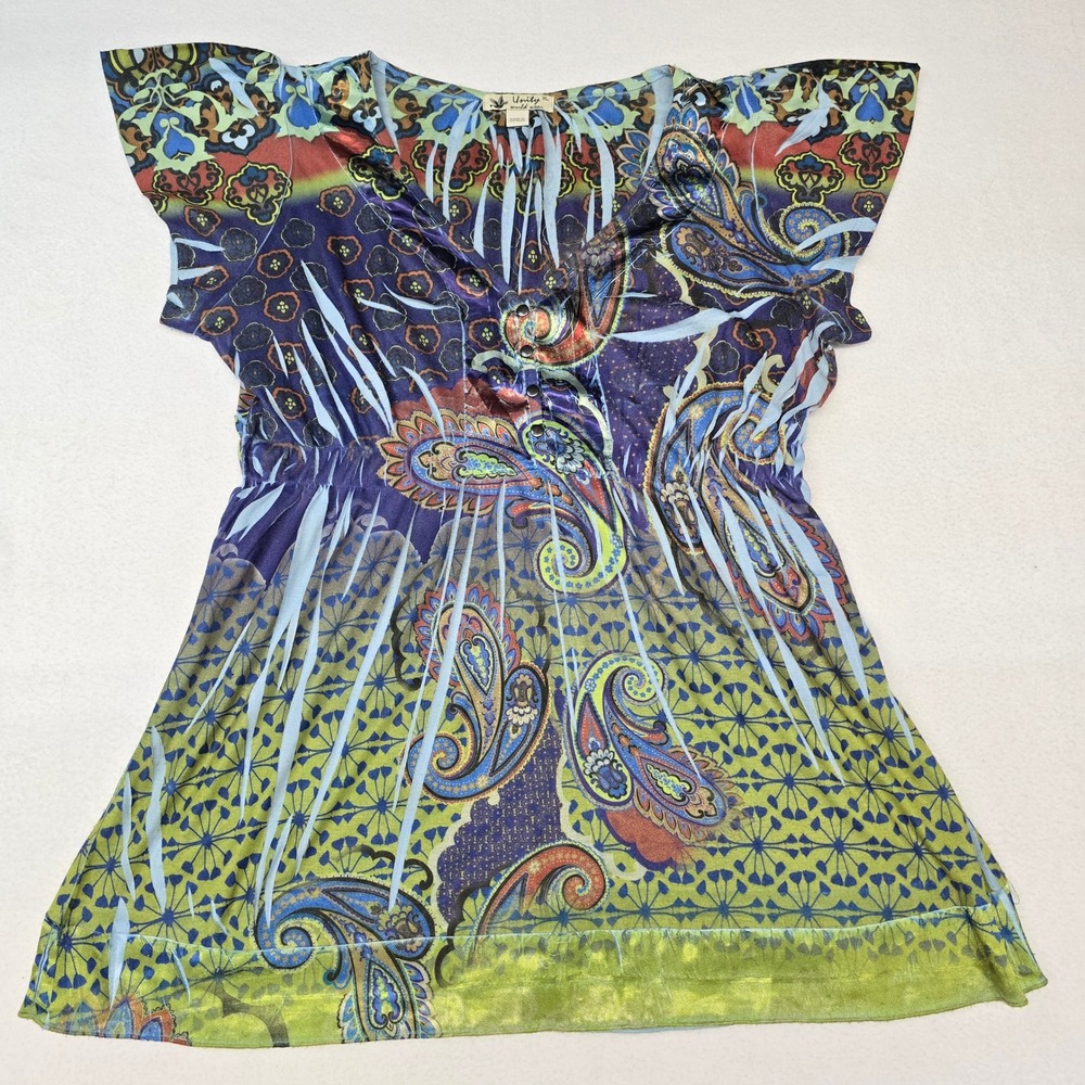 Unity World Wear Womens XL Paisley Tunic Top Boho V-Neck Satin Trim